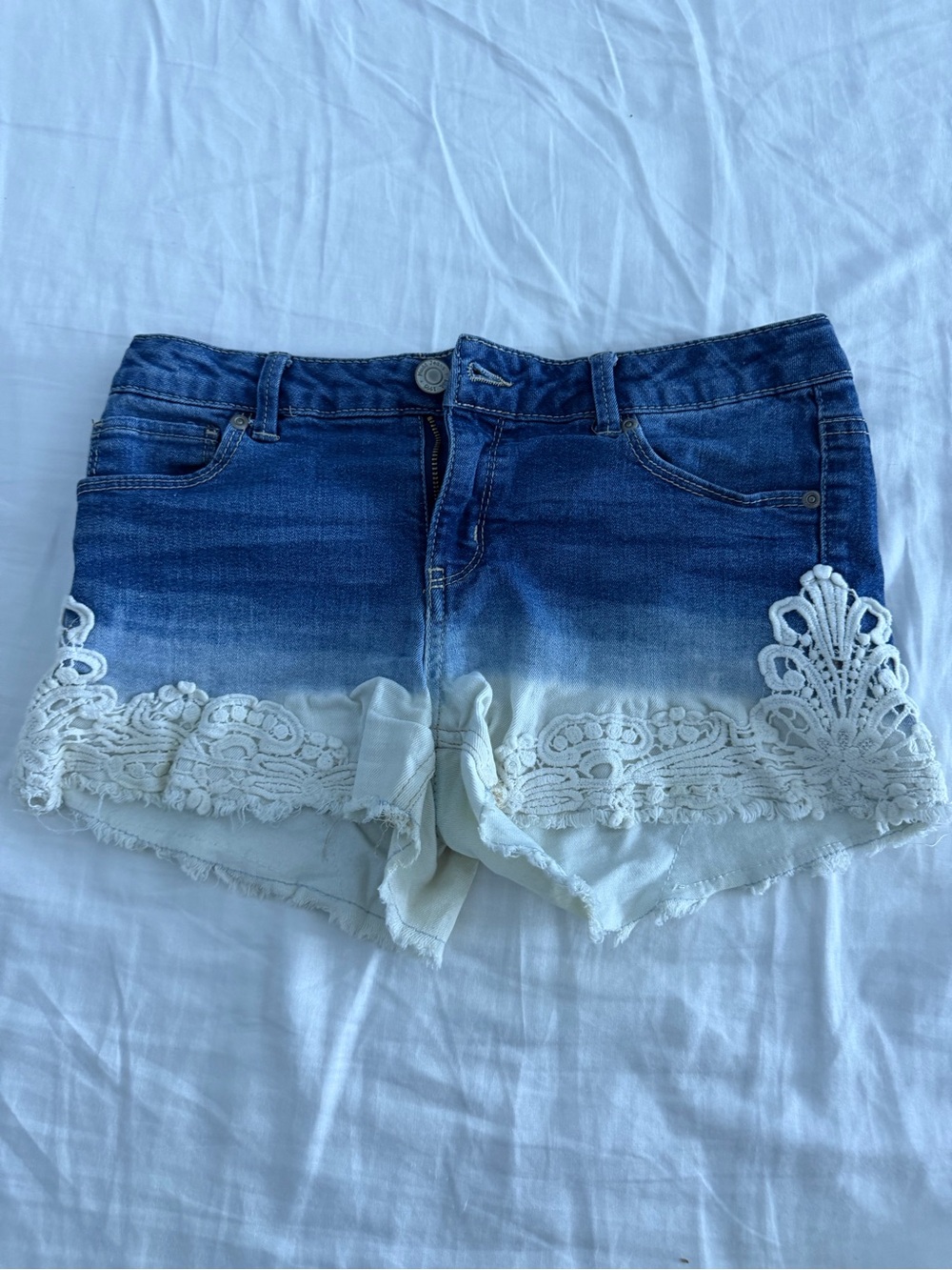 Women's Blue Ombre Denim Shorts with White Lace Trim